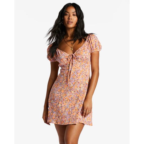 Billabong Women's Dream Floral Daisy Puff Sleeve Fit & Flare Mini Dress - Picture 1 of 8